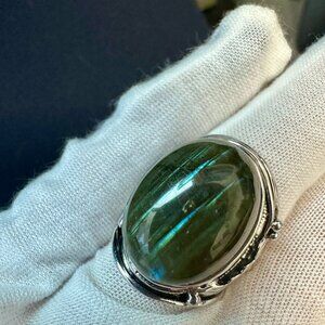 925 Sterling Silver Green Labradorite Statement Ring - Size 8.25